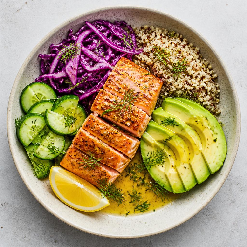 Salmon quinoa bowl with avocado, red cabbage, cucumber and fresh dill