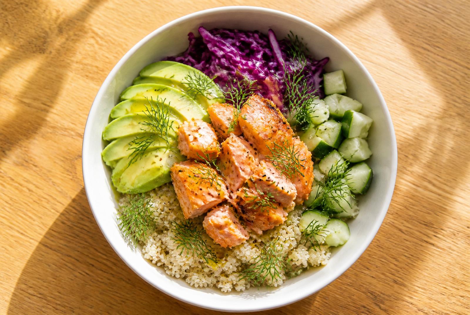 Dietitian-crafted high-protein salmon quinoa bowl