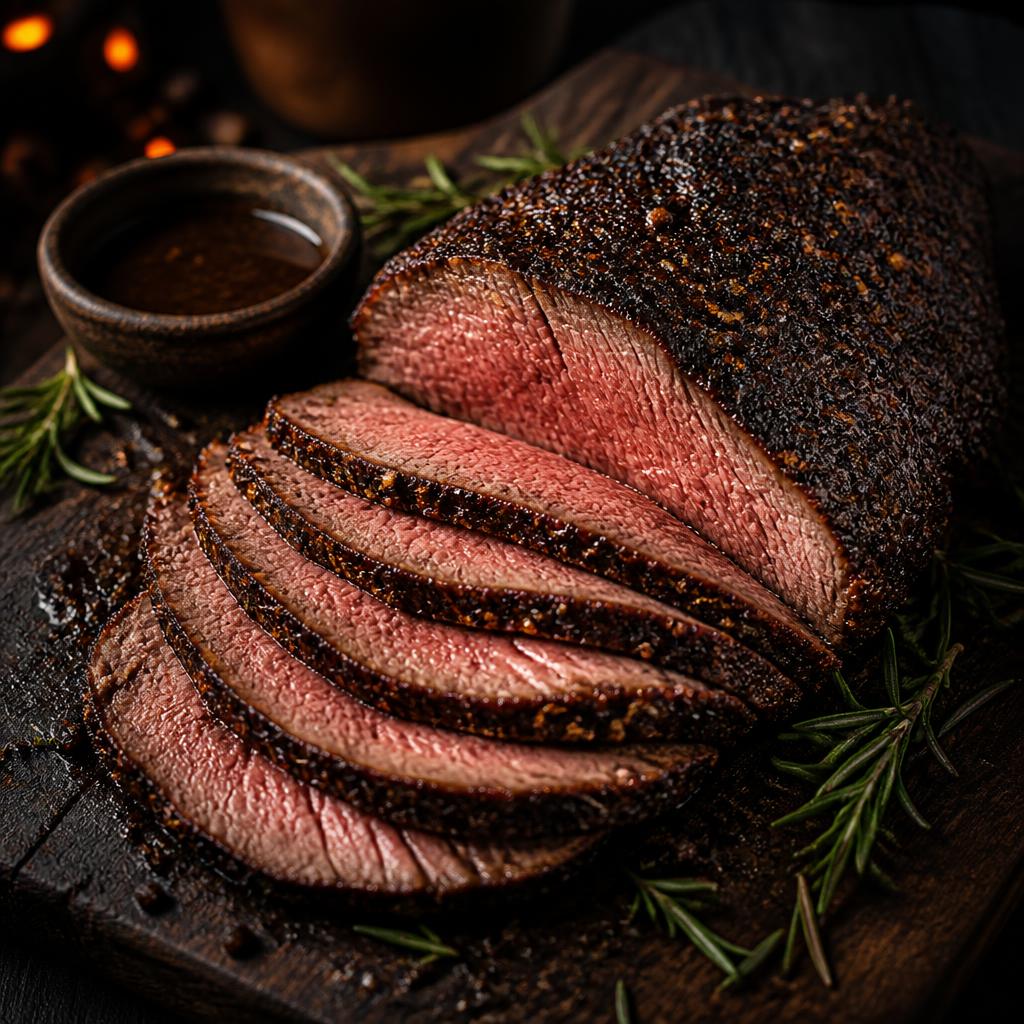 Sliced coffee-crusted tri tip on a dark cutting board with rosemary